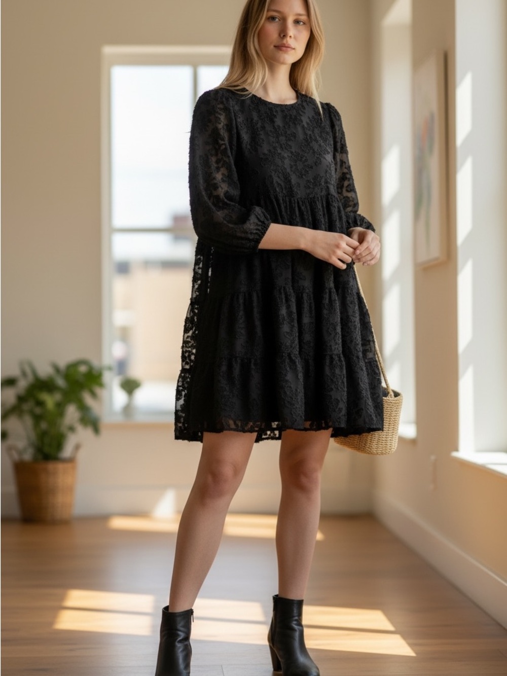 Zara Elegant lace Black Floral Long Sleeve Dress